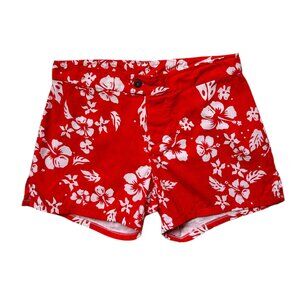 70s Vintage Women's Hawaiian Shorts Surf Beach Summer Red Floral Diamond Head.